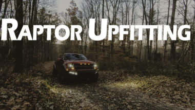 Raptor Upfitting YouTube thumbnail featuring Red Gen 1 raptor on offroad trail in autumn woods