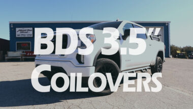 BDS 3.5" coilovers Youtube thumbnail showing Lifted White GMC Pickup