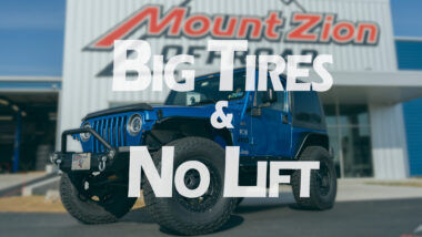 Big Tires & No LIft youtube thumbnail featuring a blue two door jeep at mount zion offroad