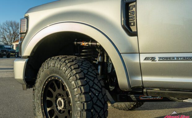 Carli E-Venture Lifted 2022 For F-350 Super Duty Front wheel and suspension detail