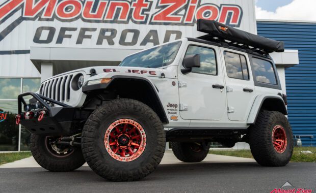 2020 Jeep Wrangler Unlimited Rubicon overlander red beadlock wheels and overland roof rack