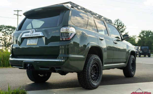 2022 Toyota 4Runner Limited in Army Green with Bilstein 5100 shocks and Black Rhino Wheels rear passenger side
