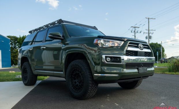 2022 Toyota 4Runner Limited in Army Green with Bilstein 5100 shocks and Black Rhino Wheels front passenger side