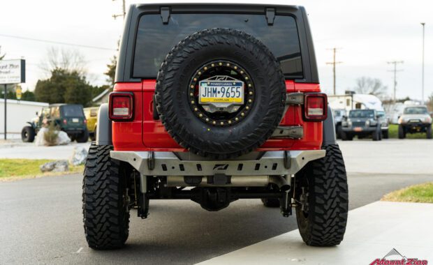 rear end of 2021 Jeep Wrangler Unlimited Rubicon Flame Red