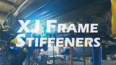 XJ Frame Stiffeners Youtube thumbnail showing man welding underside of yellow jeep on lift