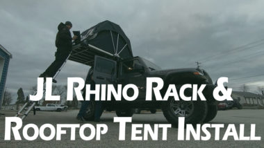 JL Rhino Rack & Rooftop Tent Install YouTube thumb featuring jeep with clamshell tent open and man on ladder