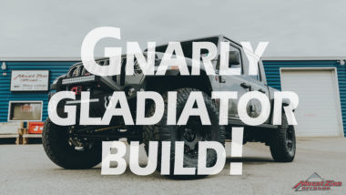 Gnarly gladiator build YouTube thumbnail featuring jeep gladiator with offroad bumper and lighting