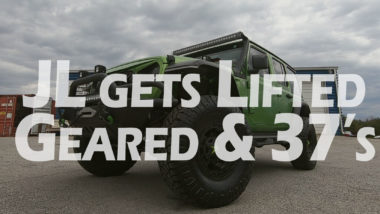 JL gets lifted geared & 37's featuring green jeep with offroad bumper and roof light bar