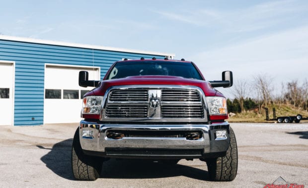 Red Dodge Ram front grille view