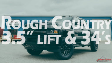 Rough country 3.5" lift & 34's YouTube thumbnail featuring black chevy lifted pick up truck