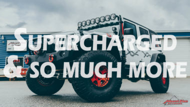 Supercharged & So much more YouTube thumbnail featuring white jeep with offroad roof lights with red offroad wheels