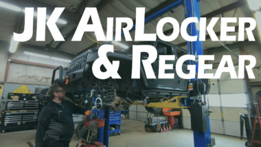 JK Airlocker and regear YouTube thumbnail featuring Jeep on lift with no wheels and mechanic underneath