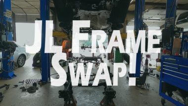JL Frame Swap YouTube Thumbnail featuring jeep on lift wiht exposed frame and open shop doors to outside