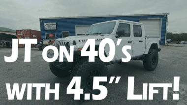 JT on 40's with 4.5" lift Youtube thumbnail featuring white jeep gladiator