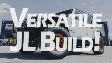 Versatiles JL Build YouTube thumbnail showing white jeep wrangler with red wheels