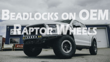Beadlocks on OEM Raptor Wheels YouTube thumbnail featuring white raptor with ADD bumper, offroad lighting and raptor wheels