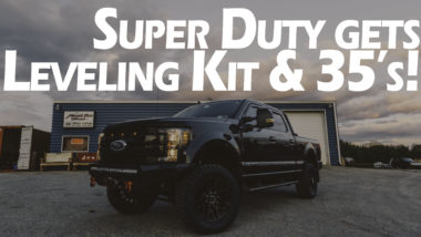Super Duty Gets Leveling kit & 35's YouTube thumbnail featuing Black F250 with offroad bumper and wheels