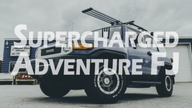 Supercharged adventure FJ YouTube thumbnail featuring blue FJ with TRD wheels and roof rack