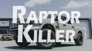 Raptor Killer Youtube thumbnail featuring tan dodge ram 1500 ADD Pre Runner front bumper with King shocks