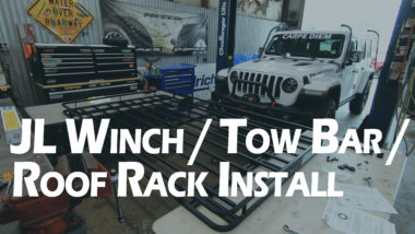 JL Winch/Tow bar/Roof rack install Youtube thumbnail featuring white jeep and roof rack in garage