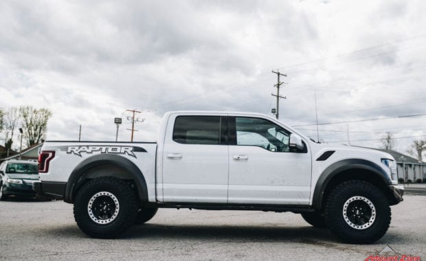 White 2018 Ford Raptor with 37x12.50R17 General Grabber X3 M/T passenger side view